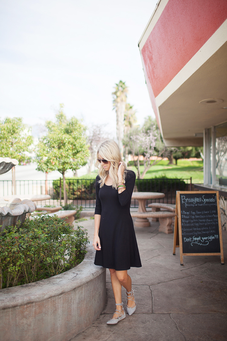 black dress and lace up flats