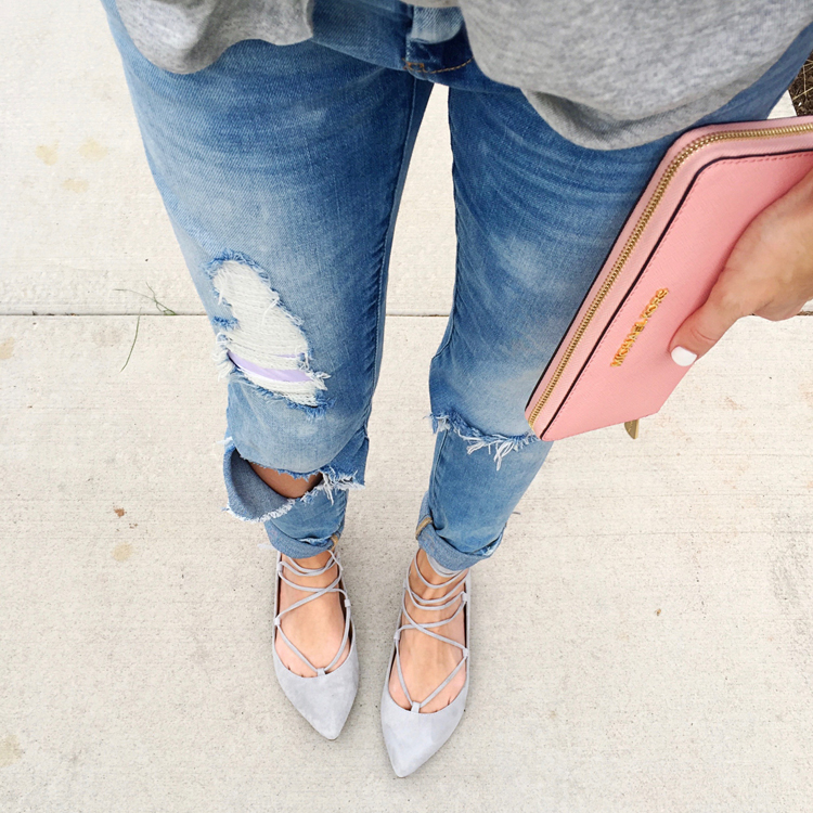 distressed denim + lace up flats